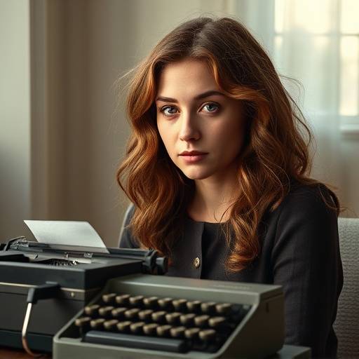 Willow Hayes Portrait - sitting in front of a typewriter